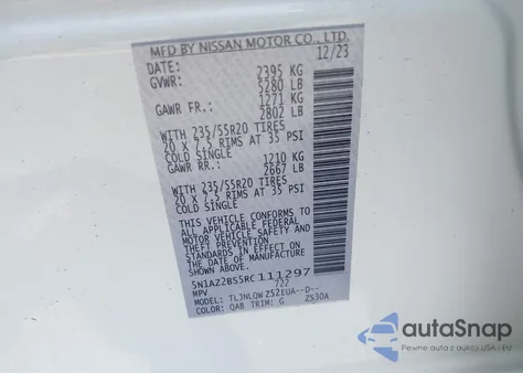 2024 Nissan Murano Sv Intelligent Awd from USA, damaged, VIN 5N1AZ2BS5RC111297